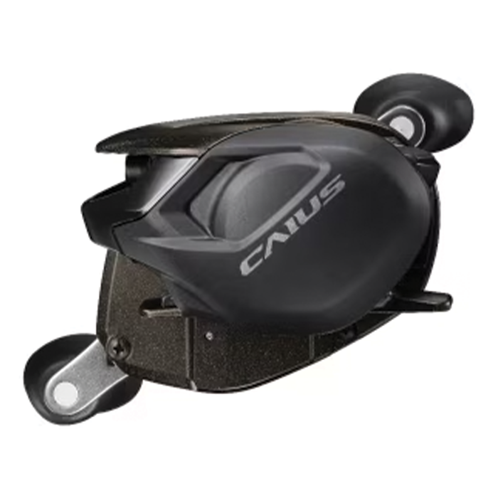 Close-up view of a black Shimano Caius C baitcasting fishing reel with ergonomic handle and sleek design, ideal for fishing tackle enthusiasts and anglers.