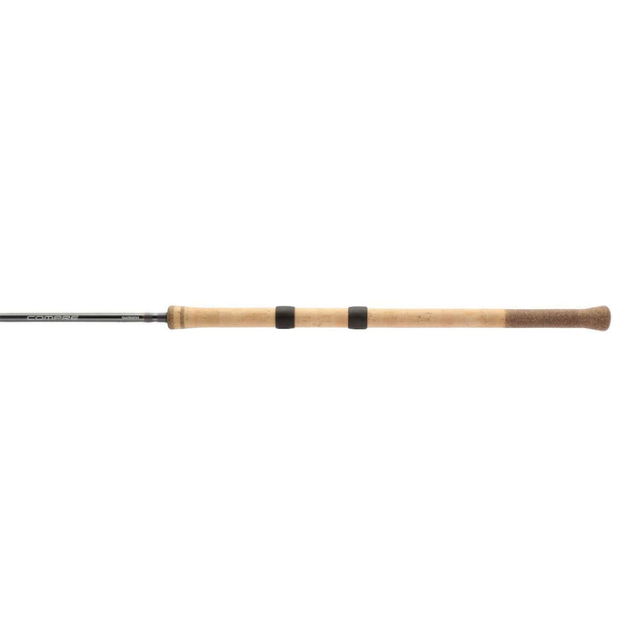 Shimano Compre Centerpin Float Rod with a cork handle featuring two black reel seats designed for comfortable grip and precision in fishing tackle use.