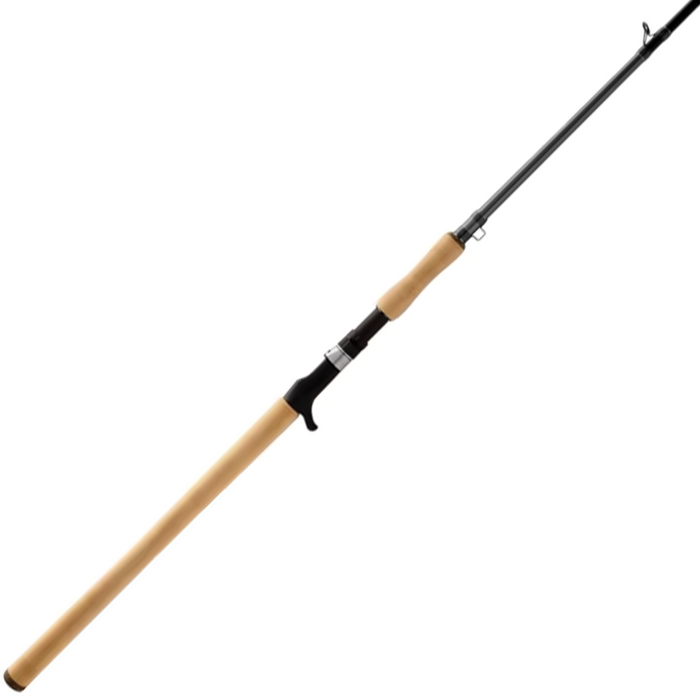 Fishing rod with a light wood grip and black trigger reel seat, designed for musky fishing, labeled Shimano Compre Muskie K, showcasing a sleek black rod blank and line guides.