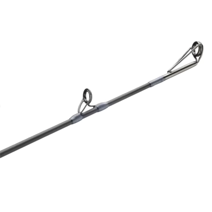 Close-up of the tip section of the Shimano Compre Muskie K fishing rod featuring durable line guides and a sleek, metallic finish, designed for musky fishing.