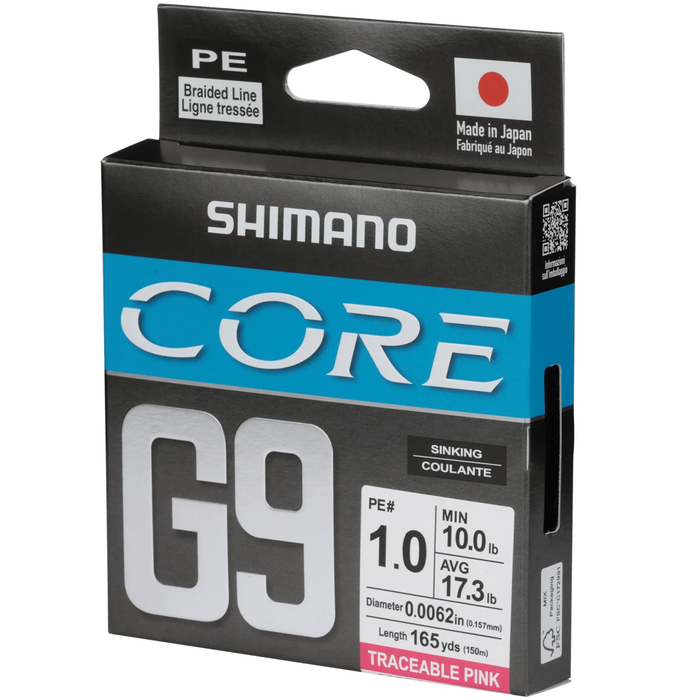 Box of Shimano Core G9 PE braided fishing line, made in Japan, with detailed specifications including 1.0 PE#, 10 lb minimum strength, 17.3 lb average strength, 0.0062 inch diameter, 165 yards length, and traceable pink color.