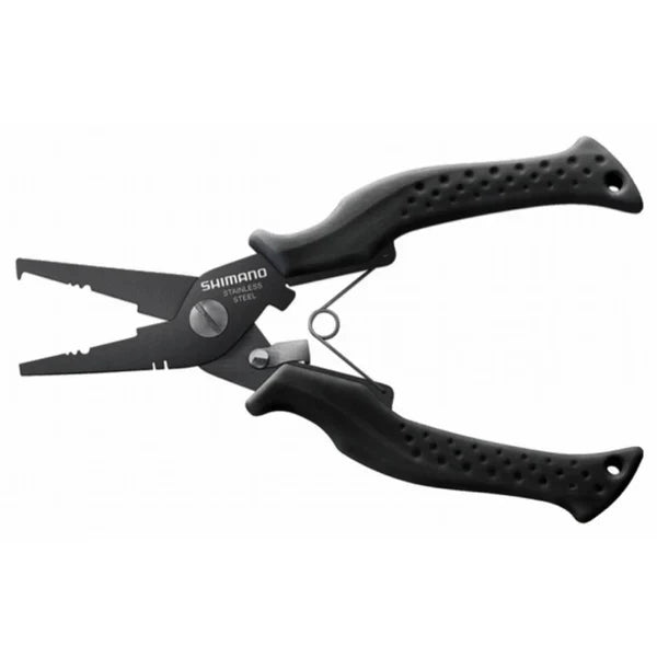 Black Shimano Power Pliers with textured ergonomic handles and stainless steel jaws designed for fishing tackle use, featuring a spring mechanism for ease of operation.