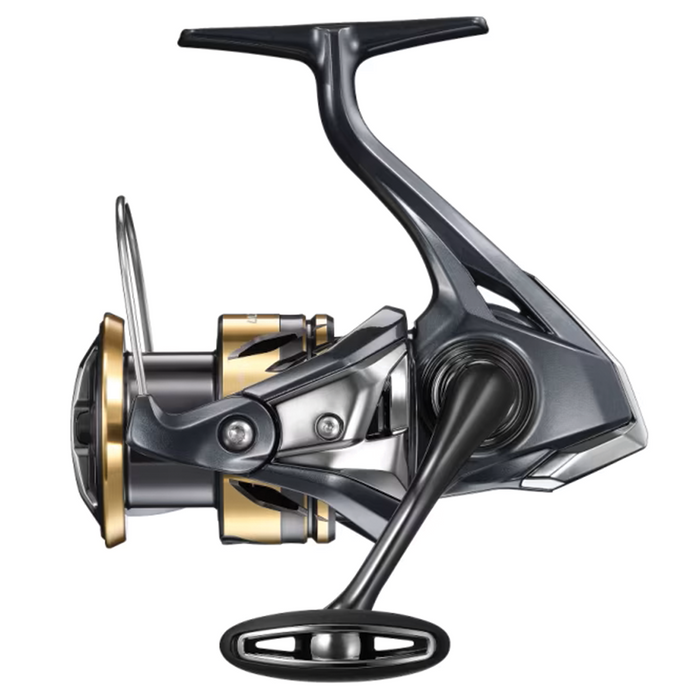 Close-up of a Shimano Ultegra FD fishing reel featuring a sleek black and metallic gold design with ergonomic handle, used for fishing tackle and rods.