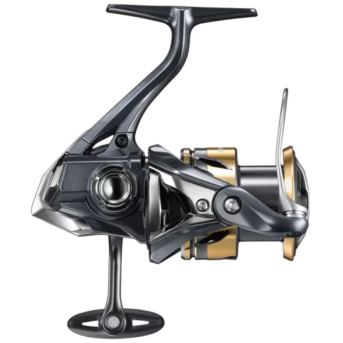 Shimano Ultegra FD spinning fishing reel in sleek black and gold finish, featuring ergonomic handle and precision components for smooth performance in fishing tackle.