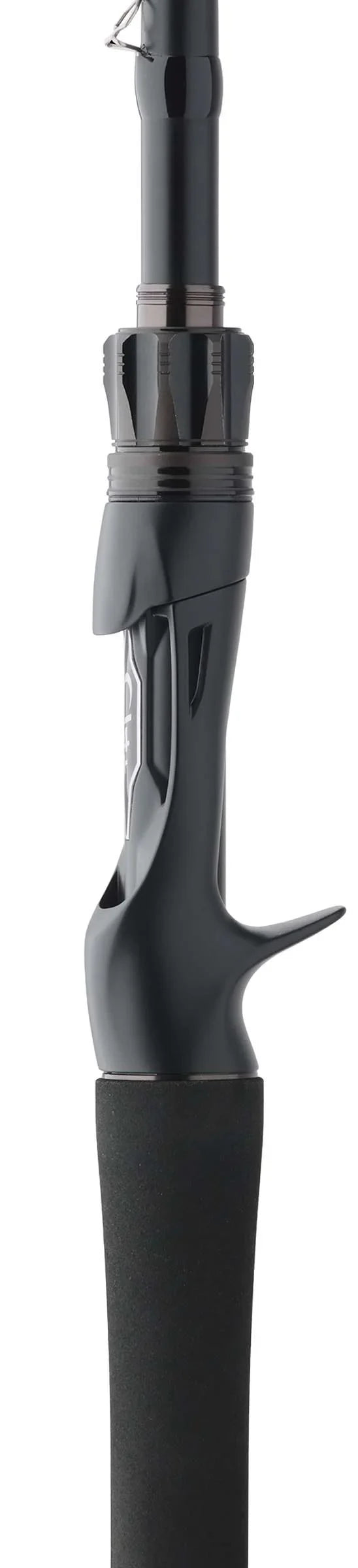 Close-up view of the handle and reel seat of a Shimano Zodias B - Casting fishing rod featuring a sleek black ergonomic grip with a trigger-style handle designed for comfortable casting and precise control.