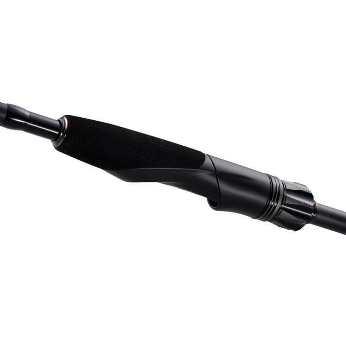Close-up view of the comfortable black foam handle and reel seat assembly on a Shimano Zodias B - Spinning fishing rod designed for precision and durability in fishing tackle.