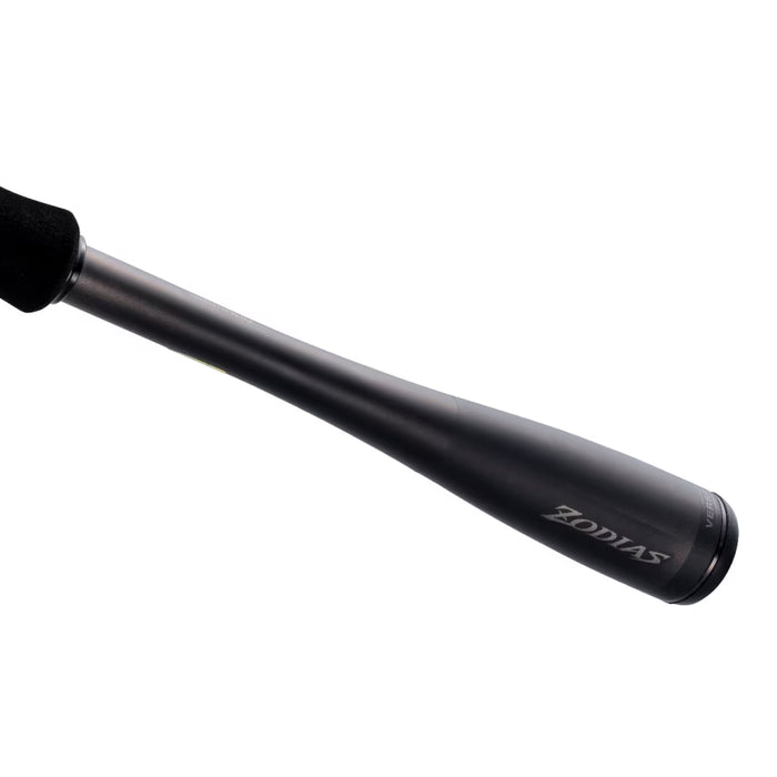 Close-up of the black handle and grip of a Shimano Zodias B - Spinning fishing rod, designed for performance in fishing tackle and rods.