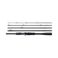 Shimano Zodias Travel Rod - Casting shown disassembled into four lightweight graphite sections with sleek black finish and ergonomic handle, designed for easy transport and precision fishing.