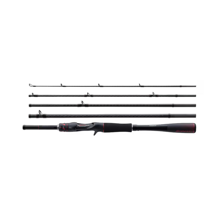 Shimano Zodias Travel Rod - Casting shown disassembled into four lightweight graphite sections with sleek black finish and ergonomic handle, designed for easy transport and precision fishing.