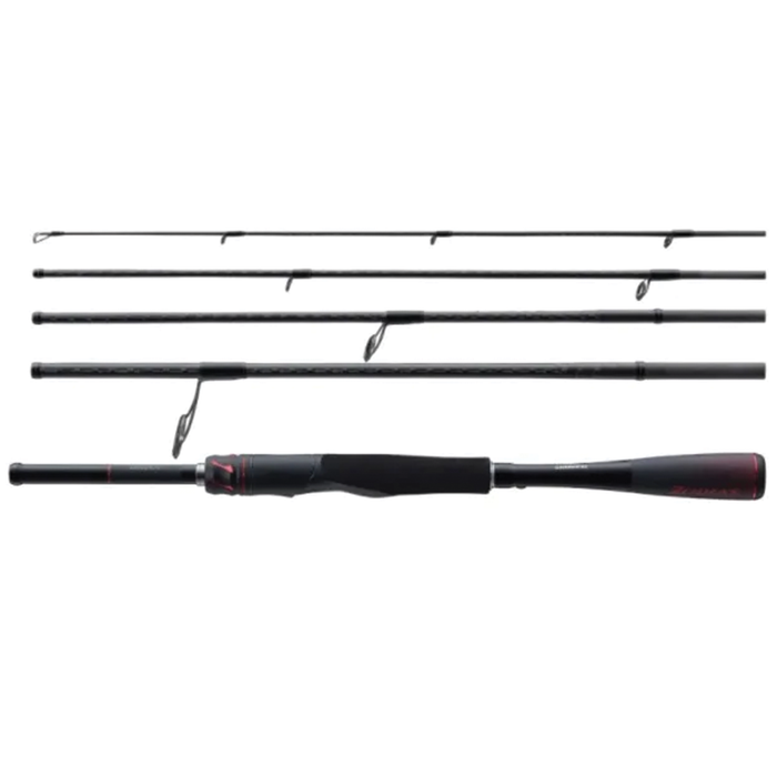 Shimano Zodias Travel Rod - Spinning shown disassembled into four black graphite sections with ergonomic handle and red accent details, ideal for fishing tackle and travel convenience.
