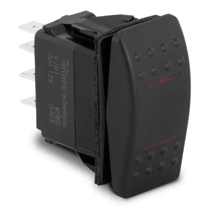 Sierra Contura II Illuminated Weather Resistant Rocker Switch - on-off-on, black rectangular switch with textured surface and multiple metal connectors, designed for marine electronics and fishing tackle applications.
