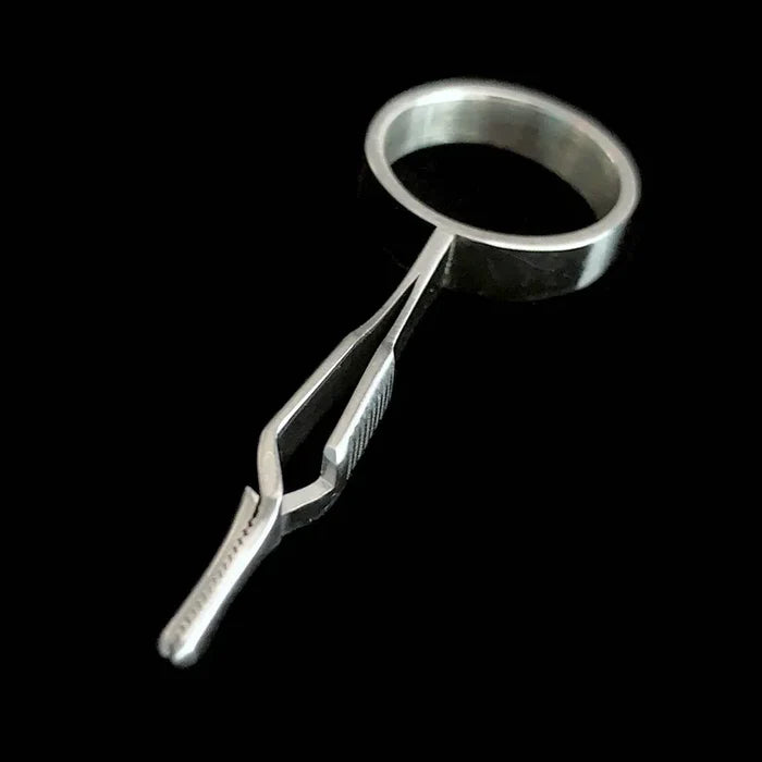 Sight Cast Palmering Pliers shown in polished metal with a finger ring and textured gripping jaws, designed for precise use in fishing tackle handling.