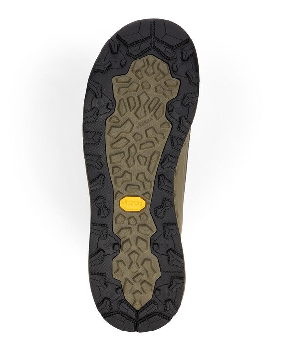 Bottom view of a Simms Access Wading Boot showing a durable, textured rubber sole with multidirectional tread for enhanced traction on wet surfaces, designed for fishing and outdoor use.
