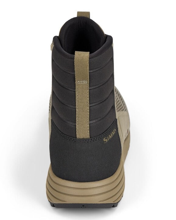 Rear view of Simms Access Wading Boot in black and tan, showing padded ankle support, pull tab, and textured sole for fishing tackle use and water stability.