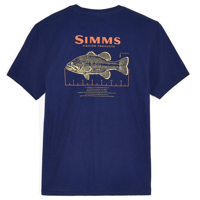 Simms Bass Ruler T-Shirt - Men's in navy blue with orange graphic of a bass fish and measurement scale, designed for fishing enthusiasts and casual wear.