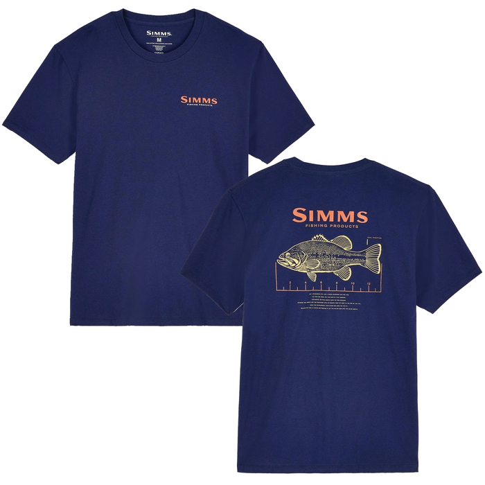 Front and back views of a navy blue Simms Bass Ruler T-Shirt - Men's featuring the Simms logo on the front chest and a detailed bass fish graphic with measurement ruler and Simms Fishing Products text on the back.
