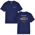 Front and back views of a navy blue Simms Bass Ruler T-Shirt - Men's featuring the Simms logo on the front chest and a detailed bass fish graphic with measurement ruler and Simms Fishing Products text on the back.