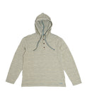 Simms Biscayne Hoody - Men's in a light heathered fabric featuring a three-button placket, adjustable hood with drawstrings, and long sleeves designed for comfort and outdoor wear.