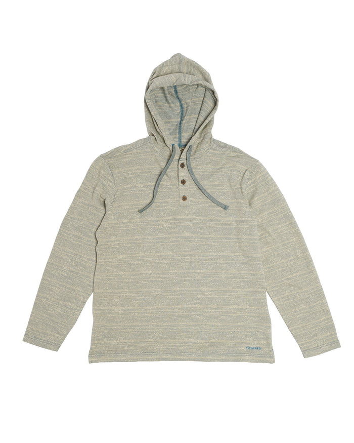 Simms Biscayne Hoody - Men's in a light heathered fabric featuring a three-button placket, adjustable hood with drawstrings, and long sleeves designed for comfort and outdoor wear.
