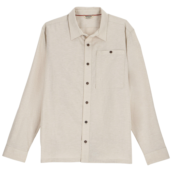 Simms Biscayne LS Shirt - Men's in light beige with long sleeves, button-down front, and a single chest pocket with a button, designed for fishing and outdoor activities.