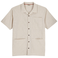 Simms Biscayne SS Shirt - Men's in light beige with short sleeves, button-up front, open collar, and three front pockets, designed for comfort during fishing and outdoor activities.