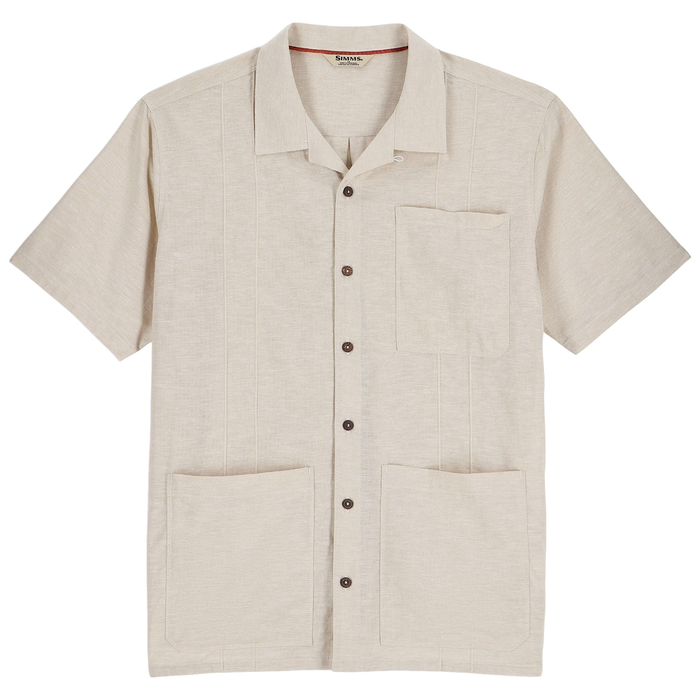 Simms Biscayne SS Shirt - Men's in light beige with short sleeves, button-up front, open collar, and three front pockets, designed for comfort during fishing and outdoor activities.
