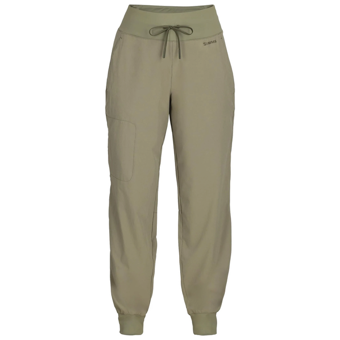 Simms BugStopper Joggers - Women's in olive green with adjustable drawstring waist, side pocket, ribbed cuffs, and lightweight fabric designed for comfort during fishing activities.