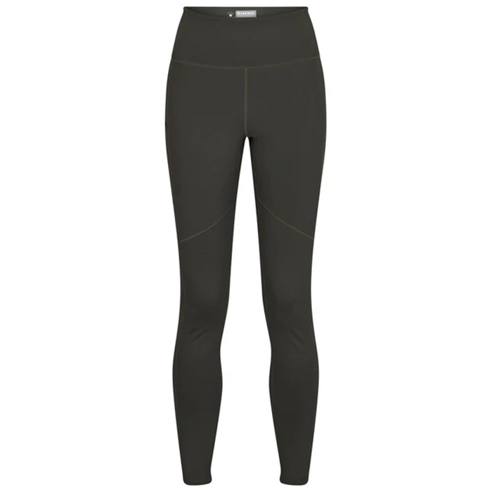 Simms BugStopper Leggings - Women's in dark olive green, featuring a slim fit with a high-rise waistband and flatlock seams for comfort during outdoor fishing activities.
