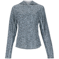 Simms Challenger Solar Hoody - Women's in a gray and black camo pattern, featuring long sleeves and a fitted hood, designed for sun protection during fishing activities.