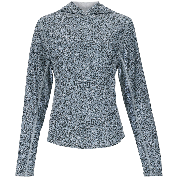Simms Challenger Solar Hoody - Women's in a gray and black camo pattern, featuring long sleeves and a fitted hood, designed for sun protection during fishing activities.