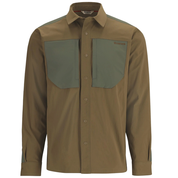 Simms Confluence Shirt - Men's in olive and green tones, featuring long sleeves, button front closure, and two large chest pockets, designed for outdoor fishing activities.