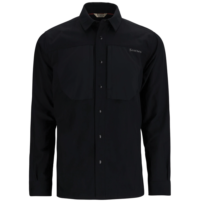 Simms Confluence Shirt - Men's in black with long sleeves, button-up front, chest pockets, and collar, designed for fishing and outdoor activities.