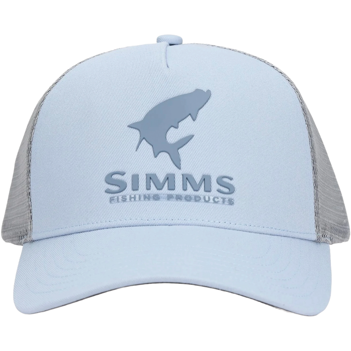 Simms Double Haul Trucker cap in light blue with gray mesh back, featuring raised Simms Fishing Products logo and musky fish silhouette on front, designed for fishing enthusiasts.