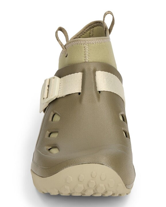 Simms Drifter AT fishing shoe in olive and tan colors, featuring a front view of a lightweight, breathable design with adjustable strap and textured sole for traction.