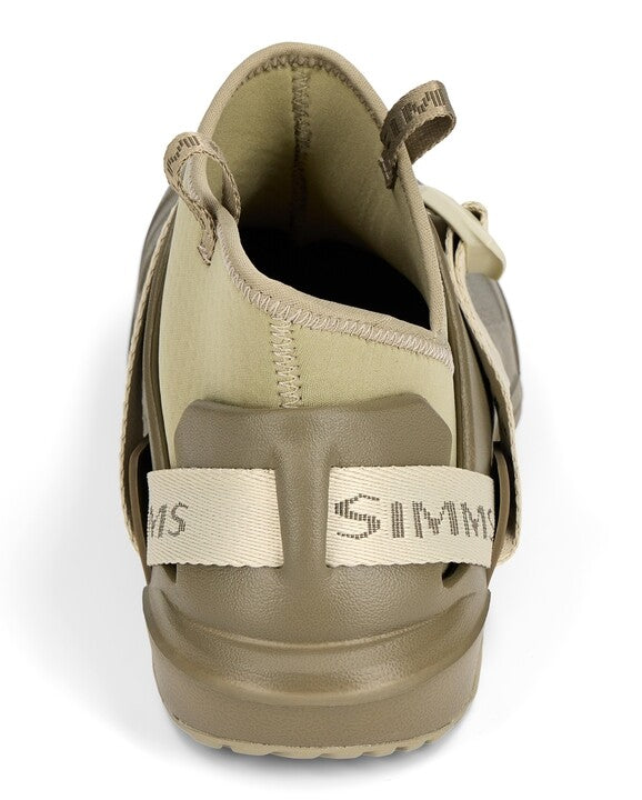Back view of a Simms Drifter AT shoe in tan and olive green with fabric pull tabs and adjustable strap featuring the Simms logo, designed for fishing activity.
