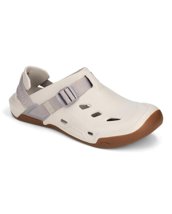 Simms Drifter water shoe in beige with adjustable strap and ventilation cutouts, designed for comfort and durability during fishing and outdoor activities.