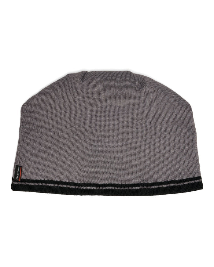 Simms Everyday Beanie in gray knit fabric with a black trim band and small side label shown against a white background
