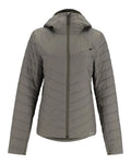 Simms Fall Run Hoody Smokey Olive - Women's, a lightweight, insulated jacket with quilted sleeves, full front zipper, hood, and chest pocket designed for outdoor fishing comfort.