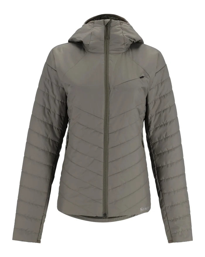 Simms Fall Run Hoody Smokey Olive - Women's, a lightweight, insulated jacket with quilted sleeves, full front zipper, hood, and chest pocket designed for outdoor fishing comfort.