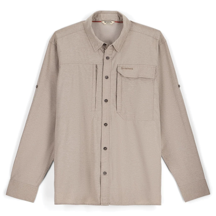 Simms Guide BugStopper LS Shirt - Men's in light beige with long sleeves, button front, two chest pockets including a zippered pocket, designed for fishing and outdoor use.