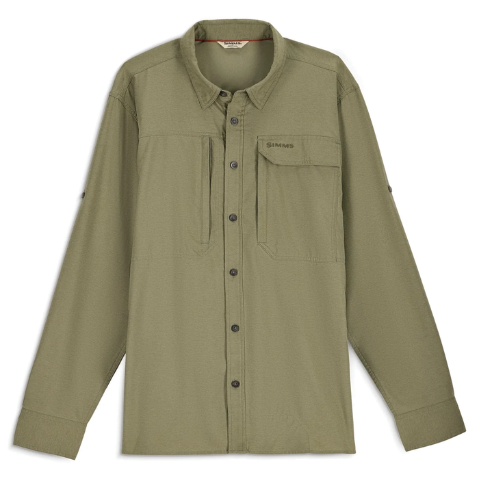 Simms Guide BugStopper LS Shirt - Men's in olive green, long-sleeve lightweight fishing shirt with button-front closure and chest pockets designed for outdoor fishing activities.