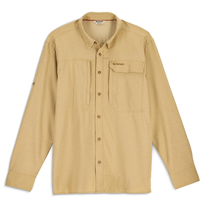 Simms Guide BugStopper LS Shirt - Men's in tan color, long-sleeve with button front, chest pockets, and lightweight breathable fabric for fishing and outdoor activities.