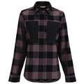 Simms Guide Flannel - Women's features a long-sleeve, button-up plaid flannel shirt in muted purple and black with two solid black chest pockets, designed for outdoor fishing comfort.
