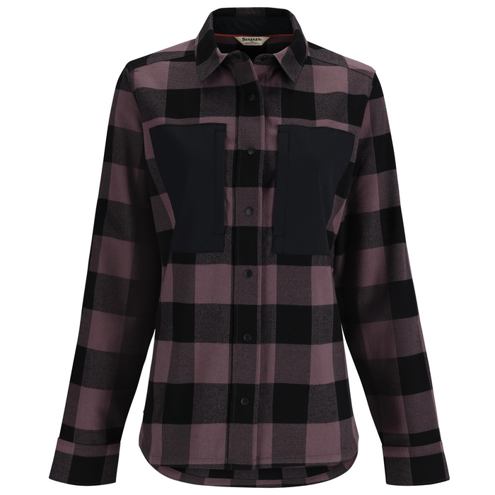Simms Guide Flannel - Women's features a long-sleeve, button-up plaid flannel shirt in muted purple and black with two solid black chest pockets, designed for outdoor fishing comfort.