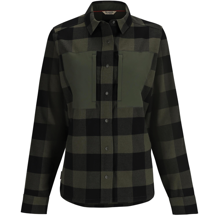 Simms Guide Flannel - Women's black and olive green plaid button-up flannel shirt with collar and long sleeves, designed for outdoor fishing and casual wear.