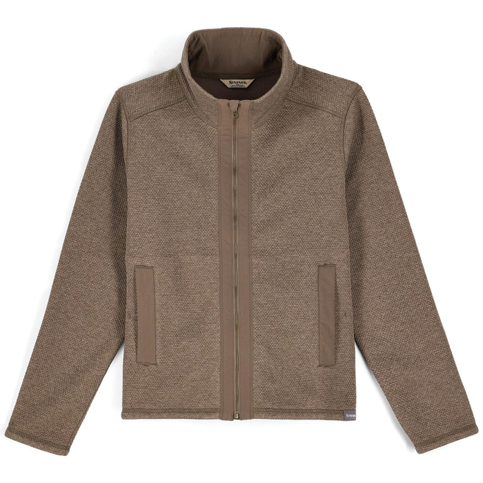 Simms Harbor Fleece - Women's brown textured full-zip jacket with stand collar and two side pockets, designed for warmth and comfort during fishing or outdoor activities.