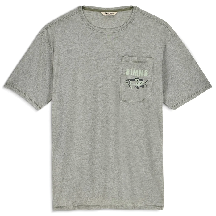 Simms Harbor Lightweight Pocket T-Shirt - Men's in light gray with short sleeves, crew neckline, and chest pocket featuring a fishing lure graphic and Simms branding.
