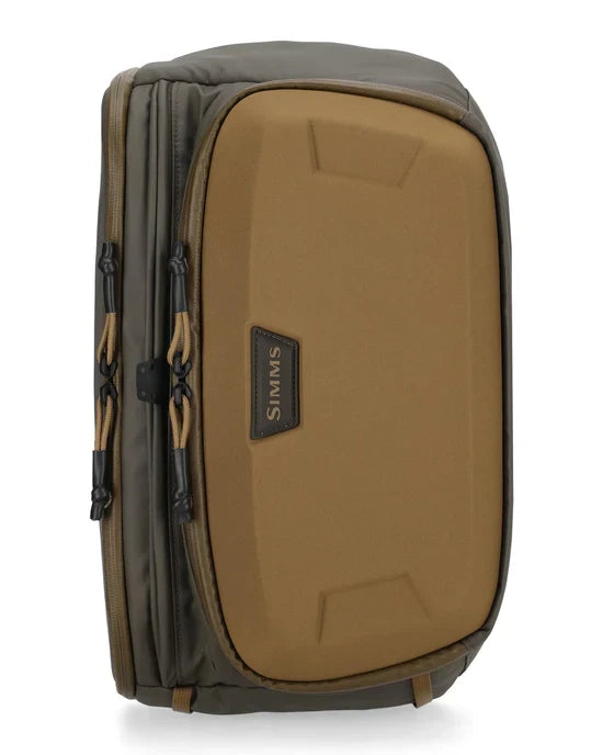 Simms Headwaters Sling Pack in brown and olive tones with multiple zippered compartments designed for organized fishing tackle storage and easy carry.