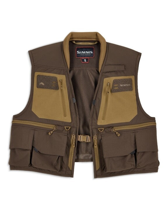 Simms Headwaters Vest in brown and tan with multiple zippered and flap pockets, designed for organizing fishing tackle and gear with breathable mesh lining.