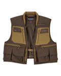 Simms Headwaters Vest in brown and tan with multiple zippered and flap pockets, designed for organizing fishing tackle and gear with breathable mesh lining.